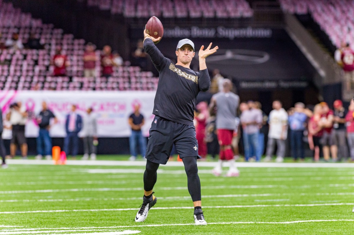 Drew Brees during pregame as The New Orleans Saints take on The Washington Redskins during Monday Night Football at the Mercedes-Benz Superdome. Monday, Oct. 8, 2018.